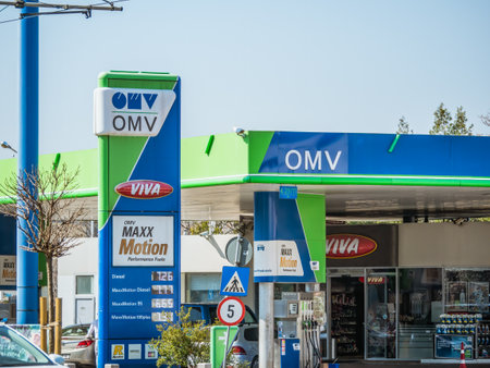 Bucharest, Romania - March 2023: OMV gas station in Bucharest. OMV is a oil and gas company headquartered in Vienna, Austriaのeditorial素材