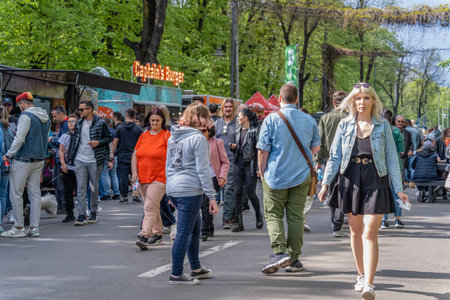 Bucharest, Romania - April 2023: Tourists and locals strolling and walking on Victory street ( Calea Victoriei ). Pedestrian area in the old town of Bucharestのeditorial素材