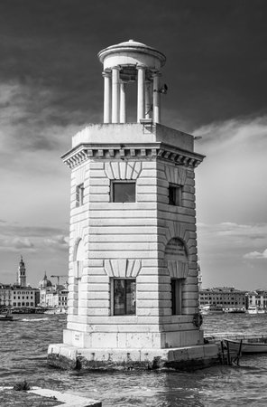 Black and white view with Faro San Giorgio Maggiore in Venice, Italyの写真素材