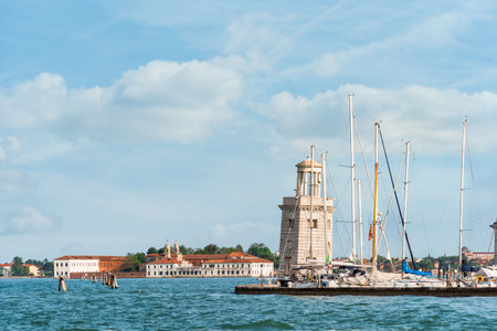 View from the Grand Canal with San Giorgio Maggiore Yacht Harbor and Faro (Lighthouse) in Venice, Italy.の写真素材