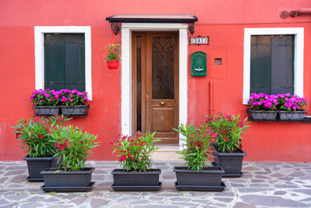 Detail with a colorful house entrance with lots of flower pots in Burano, Italy.の写真素材