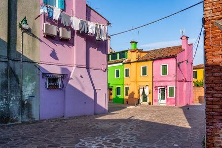 Tranquil scene with the colorful houses in Burano island, Veniceの写真素材