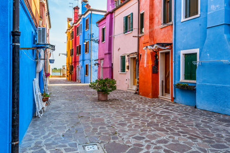 Tranquil scene with the colorful houses in Burano island, Veniceの写真素材