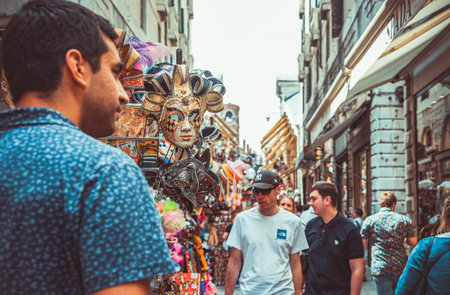 Venice, Italy - May 30 2023: Pedestrian area with crowds of tourists and souvenir shops that sells carnival masks in Venice.のeditorial素材