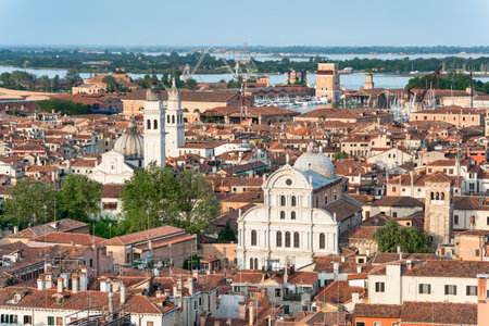 Aerial view with medieval red tiles roof houses in Venice.のeditorial素材