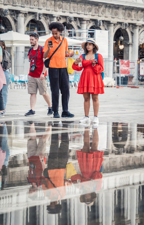 Venice, Italy - 05 30 2023: Many tourists in St Marks Square in Venice.のeditorial素材