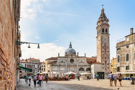 Venice, Italy - May 31 2023: View with the facade and bell tower of Chiesa di Santa Maria Formosa located in Campo Santa Maria Formosa, Venice.のeditorial素材