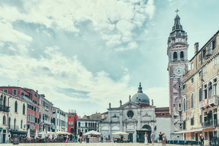 Venice, Italy - May 31 2023: View with the facade and bell tower of Chiesa di Santa Maria Formosa located in Campo Santa Maria Formosa, Venice.のeditorial素材