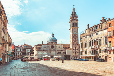 Venice, Italy - May 31 2023: View with the facade and bell tower of Chiesa di Santa Maria Formosa located in Campo Santa Maria Formosa, Venice.のeditorial素材