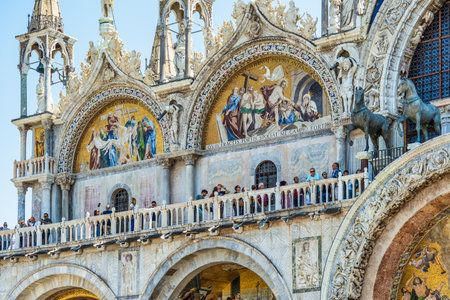 Venice, Italy - May 31 2023: Crowds of tourists on the balcony of San Marco Basilica in Venice.のeditorial素材
