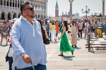 Venice, Italy - May 31 2023: Many tourists visiting San Marco Square (St Marks Square) in Venice.のeditorial素材