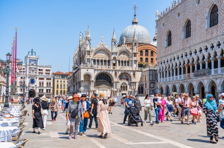 Venice, Italy - May 31 2023: Many tourists visiting San Marco Square (St Marks Square) in Venice.のeditorial素材