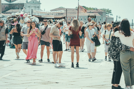 Venice, Italy - May 31 2023: Many tourists visiting San Marco Square (St Marks Square) in Venice.のeditorial素材