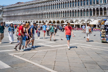 Venice, Italy - May 31 2023: Many tourists visiting San Marco Square (St Marks Square) in Venice.のeditorial素材