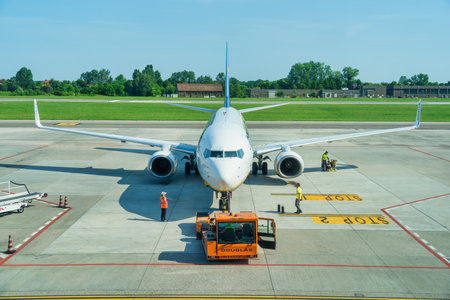 Venice, Italy - May 31 2023: Airplane on the apron runway at Treviso airportのeditorial素材