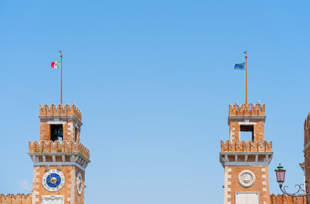 Close up detail with Venetian Arsenal towersの写真素材