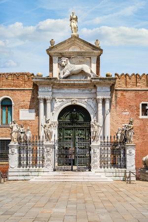 View of the Victoriae navalis monimentum and the ancient greek statue Piraeus Lion in Venice.の写真素材