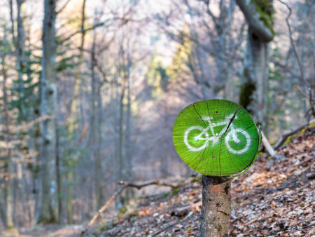 A bike trail sign painted on a tree stump in the forest. Mountain bike path.の写真素材