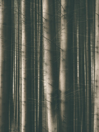 Monochrome dark moody forest in Carpathian Mountains. Motion blur effect