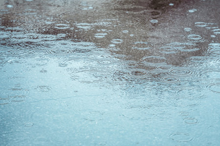 Rain drops on the surface of the water forming ripplesの写真素材