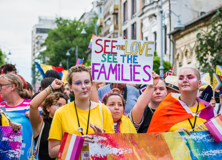 Bucharest, Romania - 08.28.2023: Crowd of people attending at LGBTQ Pride parade rally in Bucharestのeditorial素材