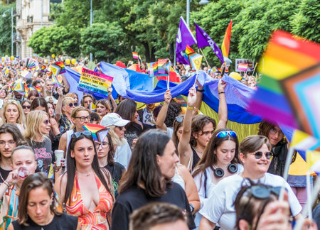Bucharest, Romania - 08.28.2023: Crowd of people attending at LGBTQ Pride parade rally in Bucharestのeditorial素材