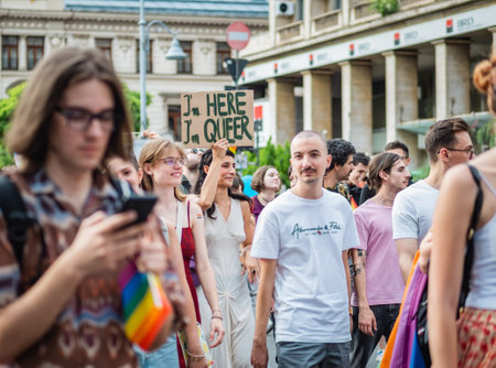 Bucharest, Romania - 08.28.2023: Crowd of people attending at LGBTQ Pride parade rally in Bucharestのeditorial素材