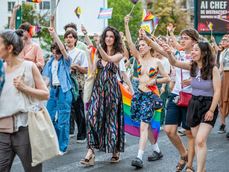 Bucharest, Romania - 08.28.2023: Crowd of people attending at LGBTQ Pride parade rally in Bucharestのeditorial素材