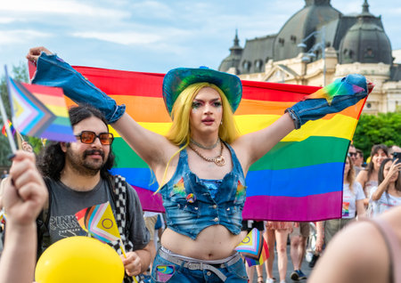 Bucharest, Romania - 08.28.2023: Crowd of people attending at LGBTQ Pride parade rally in Bucharestのeditorial素材