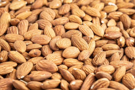 Close up with many fresh organic peeled almonds . Natural texture background.の写真素材