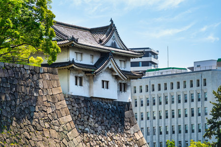 View with Inui-yagura Turret within Osaka Castle, Japan. The massive stone wall outer moat of Osaka Castleの写真素材