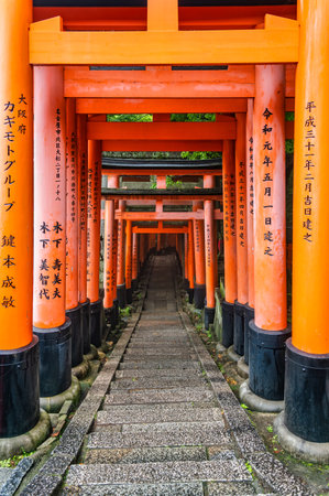 The torii gate covered walking path at Fushimi Inari Taisha temple in Kyoto, Japan. ( Japanese inscriptions translated are different religion blessings)の写真素材