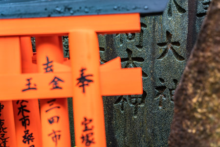 Small shinto place of worship with Torii Gates and inscriptioned stones at Fushimi Inari Taisha temple in Kyoto, Japan. ( Japanese inscriptions translated are different religion blessings)の写真素材