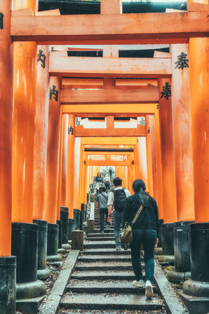 Kyoto, Japan - 05.07.2024: The torii gate covered walking path at Fushimi Inari Taisha temple in Kyoto, Japan.の写真素材
