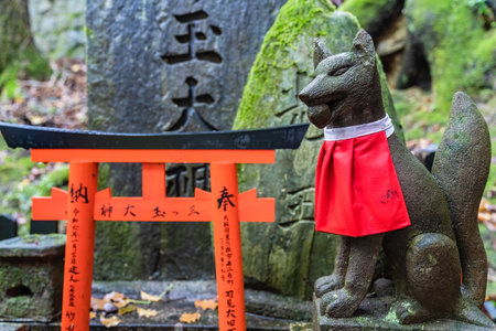 Stone fox statue at Fushimi Inari Taisha, in Kyoto, Japan. ( Translation of the japanese text: religion blessings)の写真素材