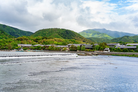 Scenic landscape from Arashiyama district with Katsura river in Kyotoの写真素材