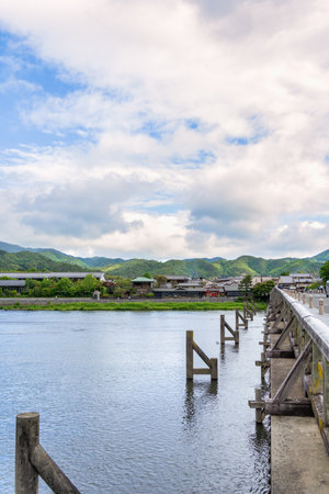 Togetsukyo Bridge over Katsura river in Arashiyama district, Kyoto.の写真素材