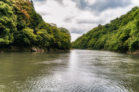 Green lush foliage landscape in Arashiyama district of Kyoto, Japan. Beautiful view with Rankyo...