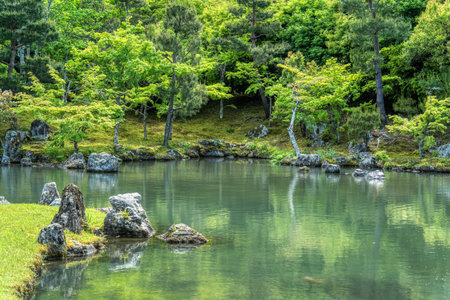 Beautiful scenic Japanese garden with a large pond. Sogenchi Garden on the grounds of Tenryu-ji Temple located in Arashiyama, Kyoto.の写真素材