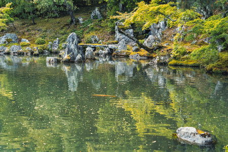 Beautiful scenic Japanese garden with a large pond. Sogenchi Garden on the grounds of Tenryu-ji...