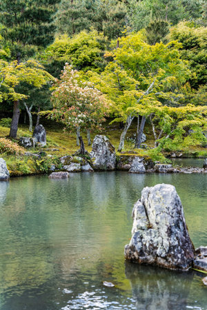Beautiful scenic Japanese garden with a large pond. Sogenchi Garden on the grounds of Tenryu-ji Temple located in Arashiyama, Kyoto.の写真素材
