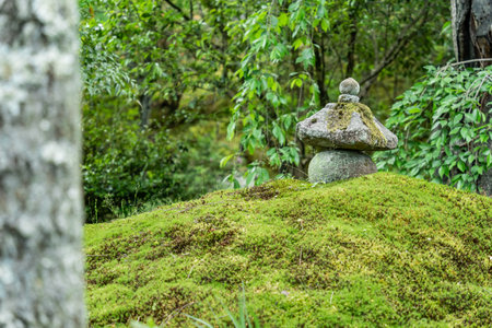 Beautiful scenic tranquil landscape from a japanese garden on the grounds of Tenryu-ji temple, Arashiyama Kyoto.の写真素材