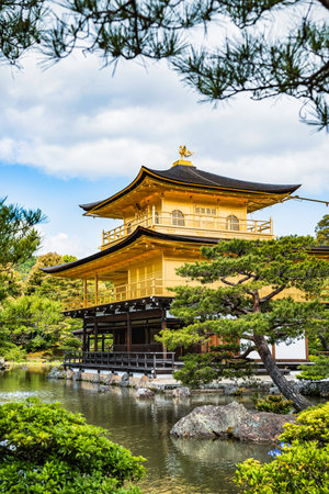 The impressive building structure of Rokuon-ji Kinkakuji (Golden Pavilion) Zen temple, in Kyoto Japan.の写真素材