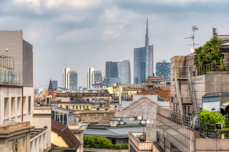 Modern Milan Skyline with Rooftop Terraces and Skyscrapers in the Porta Nuova districtの写真素材