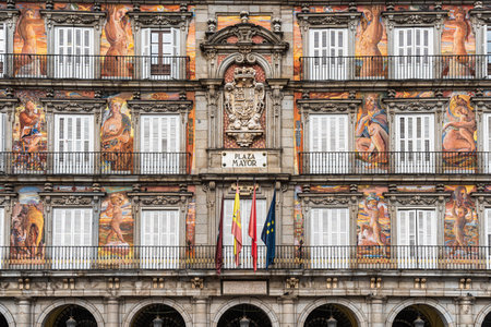 Colorful facade of The Casa de la PanaderÃ­a (Bakery House) in Plaza Mayor, Madrid. Spanish architecture and cultural heritage.の写真素材