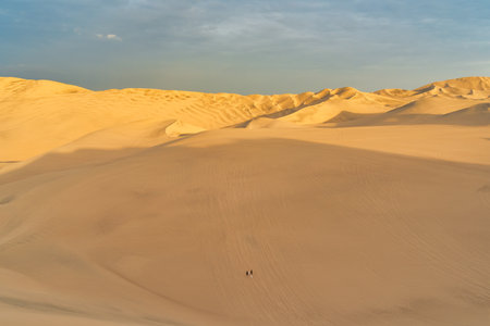 Ica desert landscape at sunset with smooth golden sand dunes near Huacachina, Peru.の写真素材