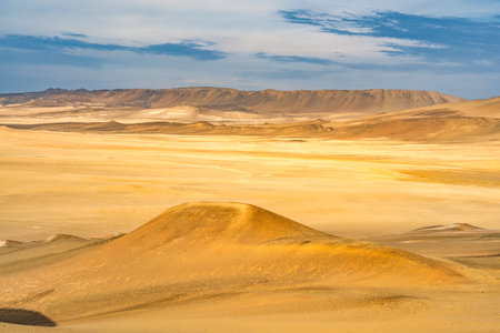 Desert dunes stretch across the arid landscape of Paracas National Reserve in Peru.の写真素材