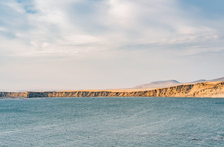 Dramatic landscape with the rocky coastline of the Pacific ocean in Paracas National Reserve, Peru.の写真素材