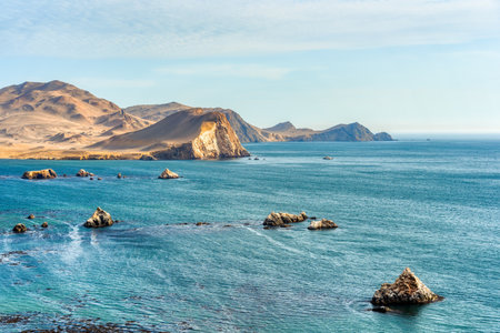 Dramatic landscape with the rocky coastline of the Pacific ocean in Paracas National Reserve, Peru.の写真素材