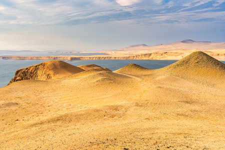 View of the arid desert landscape meeting the deep blue Pacific Ocean at Paracas National Reserve in Peru.の写真素材